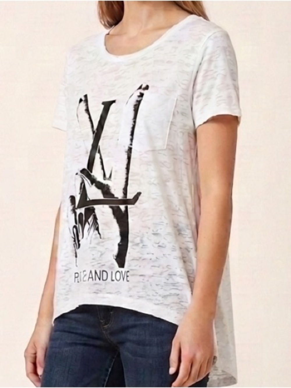 LAUREN MOSHI Peace & Love Graphic Burnout Pocket Tee Sz XS/S High Low White NWOT
